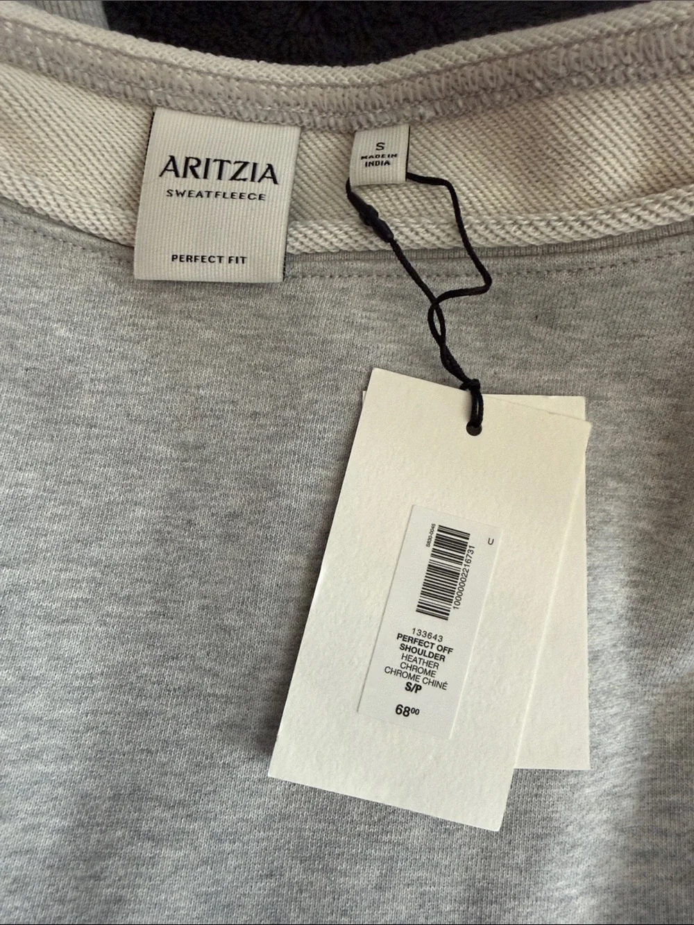 ARITZIA Perfect Off Shoulder Sweatfleece S NWT grey Heather Sweatshirt OTR0048 - Picture 6 of 6